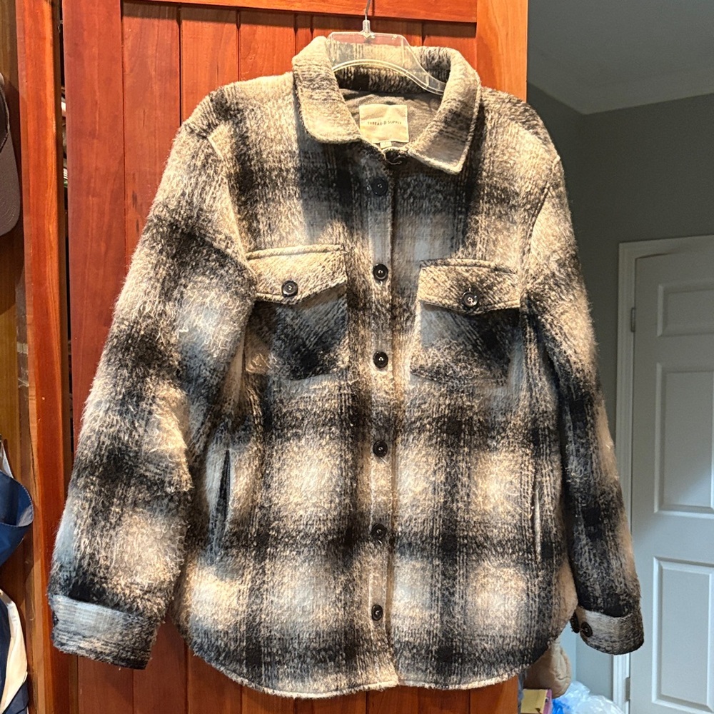 Thread & Supply Black and Cream Plaid Button Up Jacket